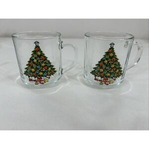 Set of 2 Vintage Sabin Christmas Tree Glass Mugs Holiday Coffee Cups
